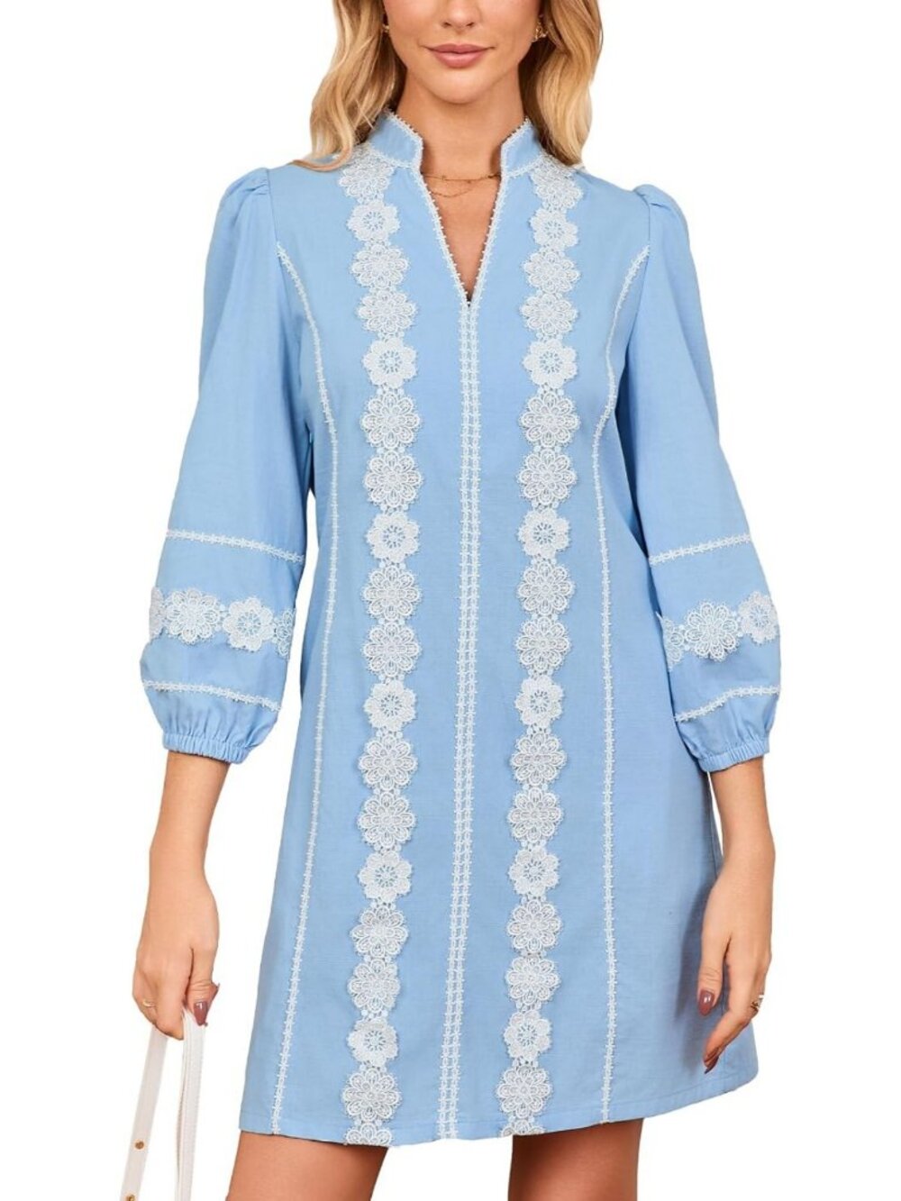 Embroidered Lace Floral Tunic Dress | 3/4 Puff Sleeve V-Neck Mini with Pockets